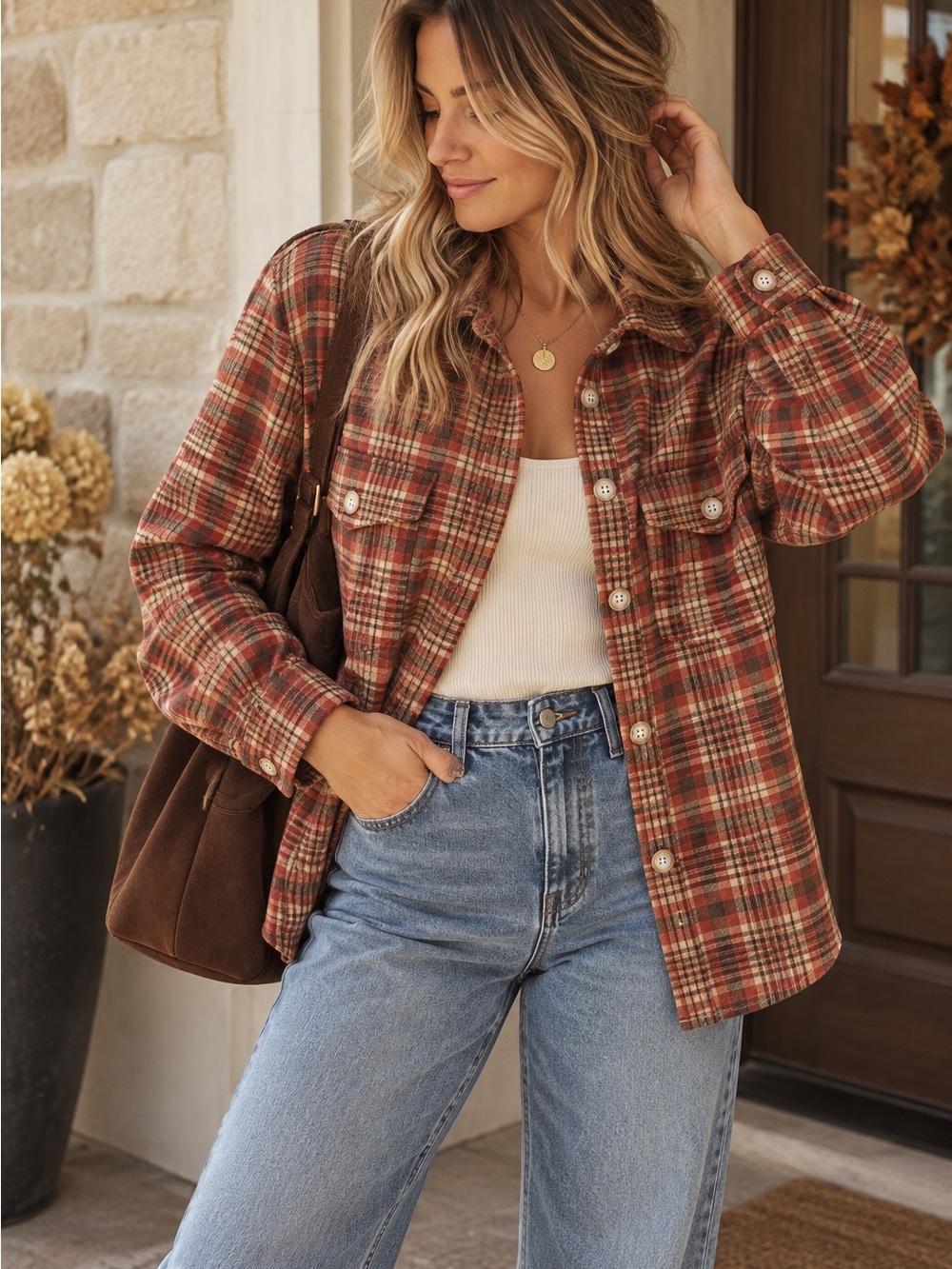 RW&CO. Plaid Button-Down Shacket in Rust and Cream
